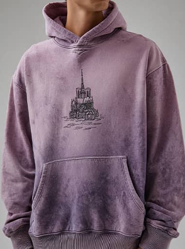 Custom Washed Purple Gothic Hoodie with Architectural Print