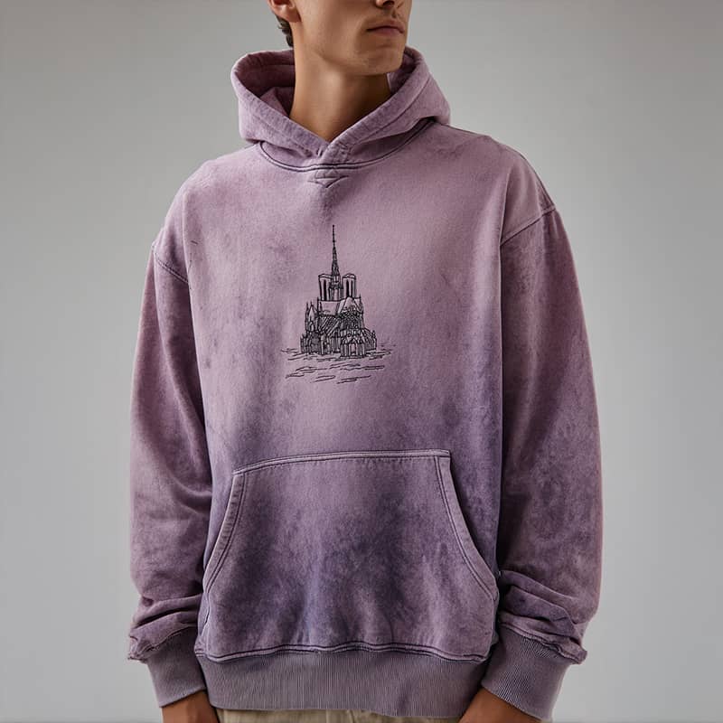 Custom Washed Purple Gothic Hoodie with Architectural Print
