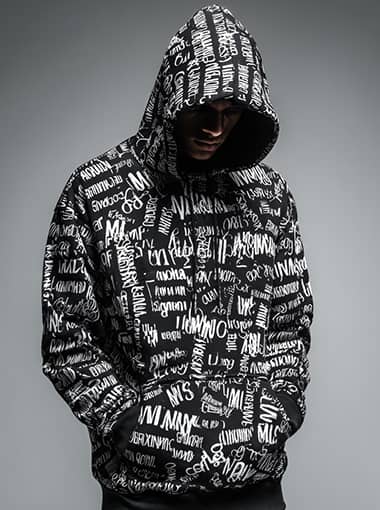 Custom All-Over Graffiti Print Hoodie – Black & White