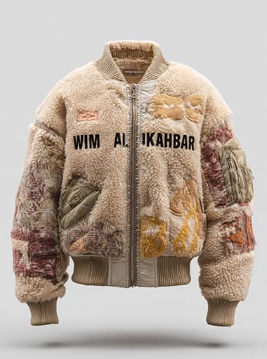 Custom Shearling Patchwork Bomber Jacket with Text Graphics