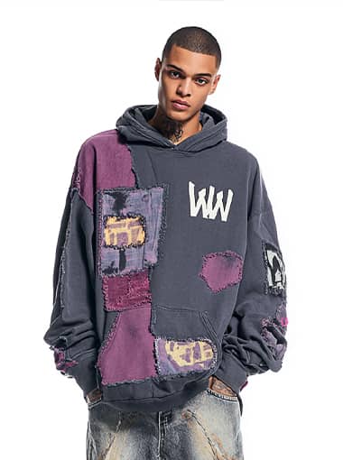 Custom Patchwork Hoodie with Utility Pocket and Raw Stitch Design