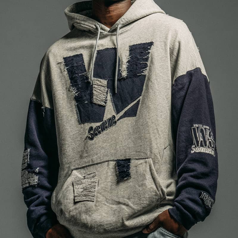 Custom Patchwork Hoodie with Utility Pocket and Raw Stitch Design