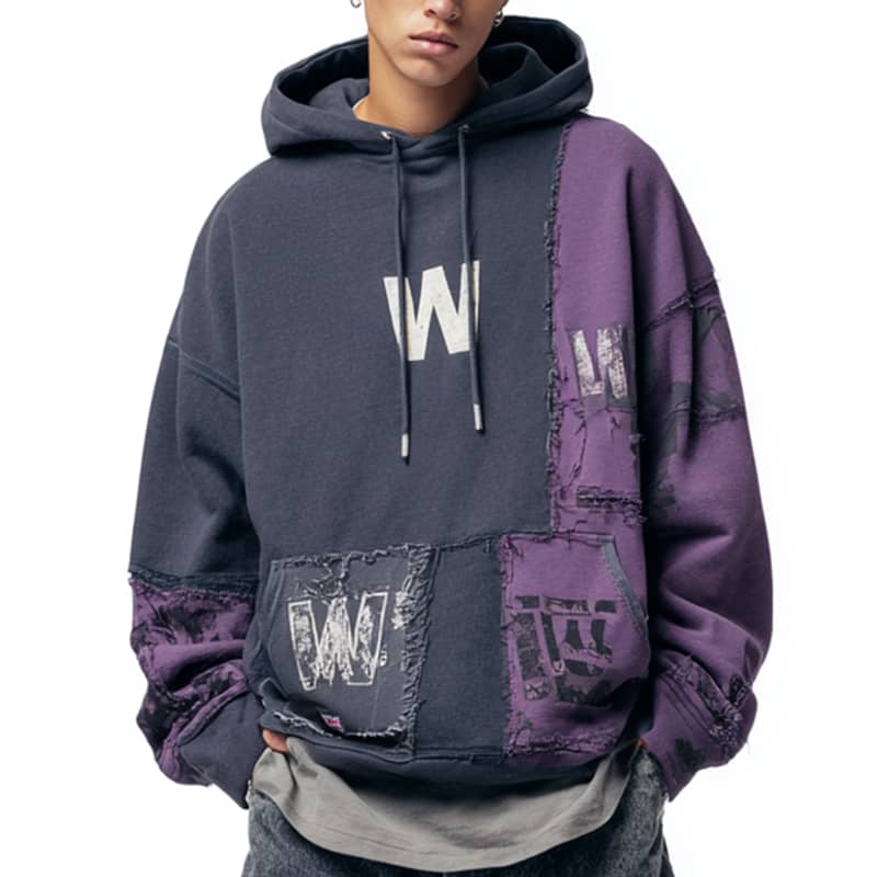 Custom Patchwork Hoodie with Utility Pocket and Raw Stitch Design