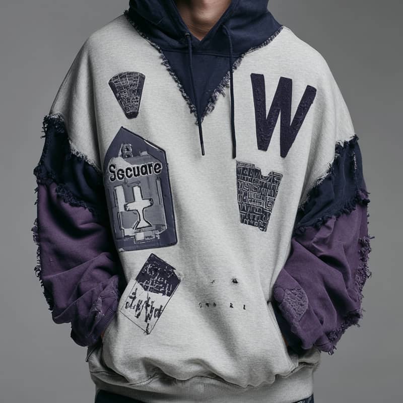 Custom Patchwork Hoodie with Utility Pocket and Raw Stitch Design