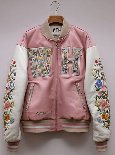 Custom Floral Embroidered Varsity Jacket – Pink & White