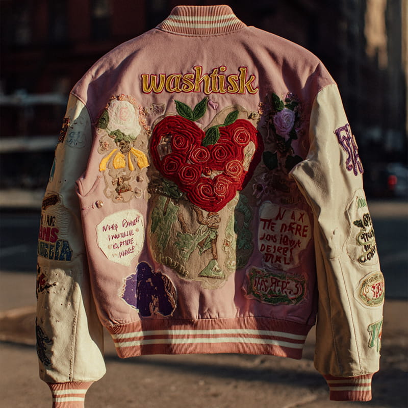 Custom Floral Embroidered Varsity Jacket – Pink & White