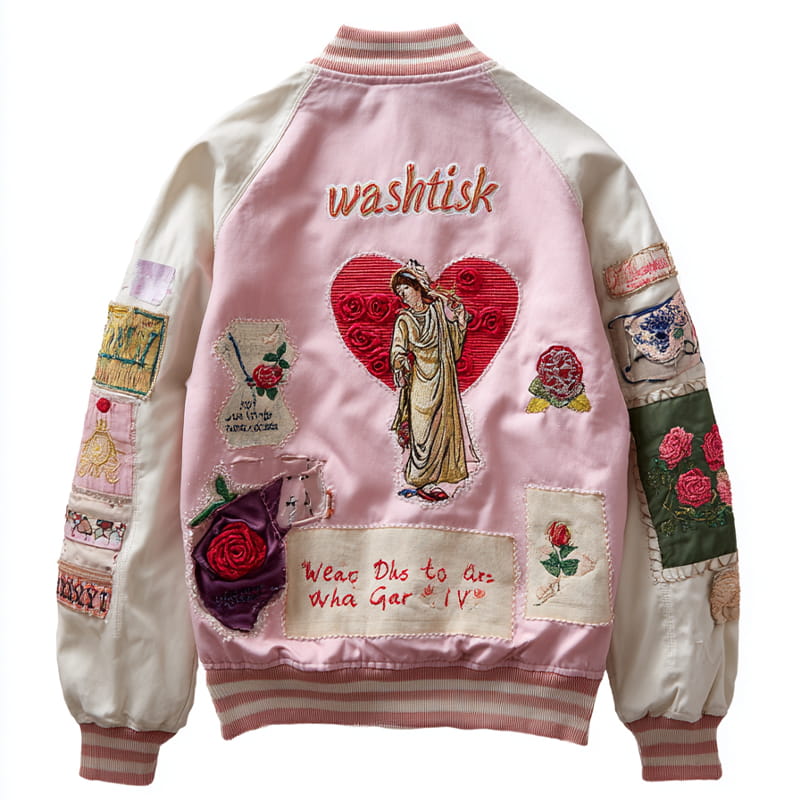 Custom Floral Embroidered Varsity Jacket – Pink & White