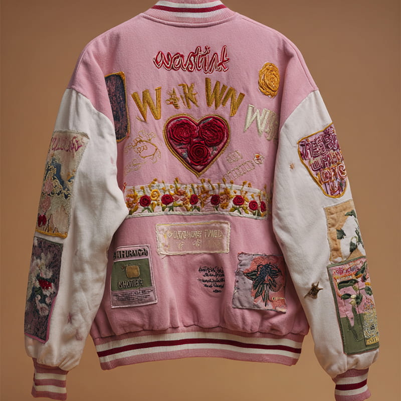 Custom Floral Embroidered Varsity Jacket – Pink & White